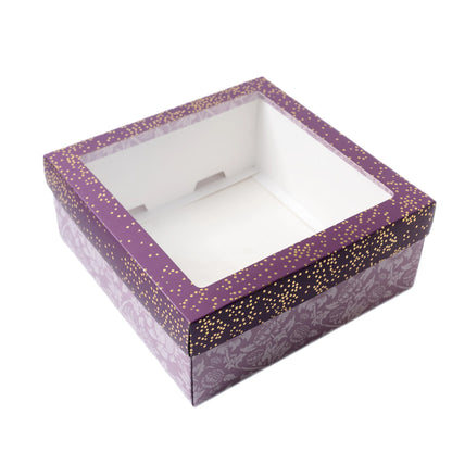 Plum Foil Printed Hamper Box With Window | Luxury 4 Cavity Gift Box for 190ml Jars or Cupcakes
