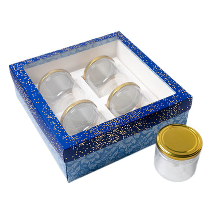 Blue Foil Printed Hamper Box With Window | Luxury 4 Cavity Gift Box for 300ml Jars