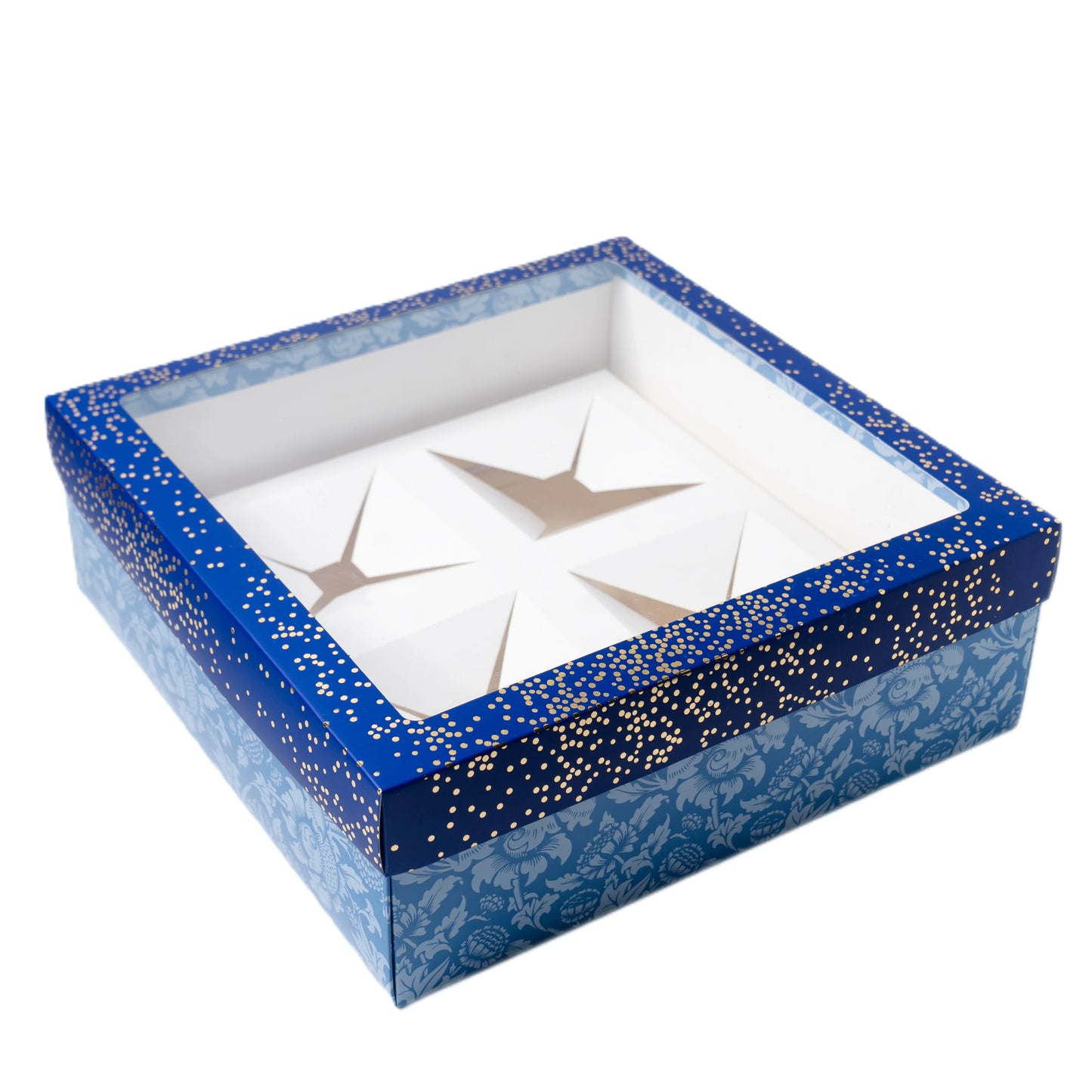 Blue Foil Printed Hamper Box With Window | Luxury 4 Cavity Gift Box for 300ml Jars