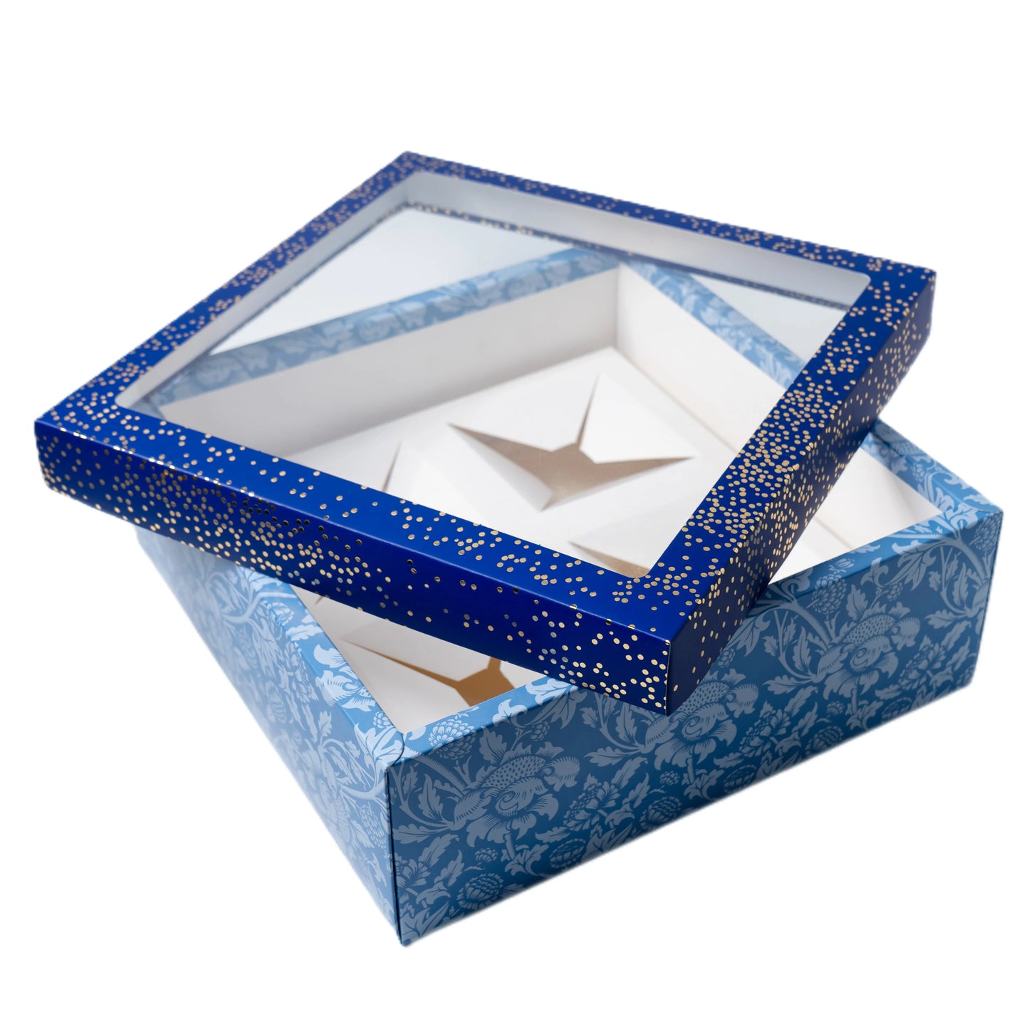 Blue Foil Printed Hamper Box With Window | Luxury 4 Cavity Gift Box for 300ml Jars