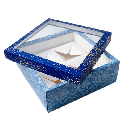 Blue Foil Printed Hamper Box With Window | Luxury 4 Cavity Gift Box for 300ml Jars