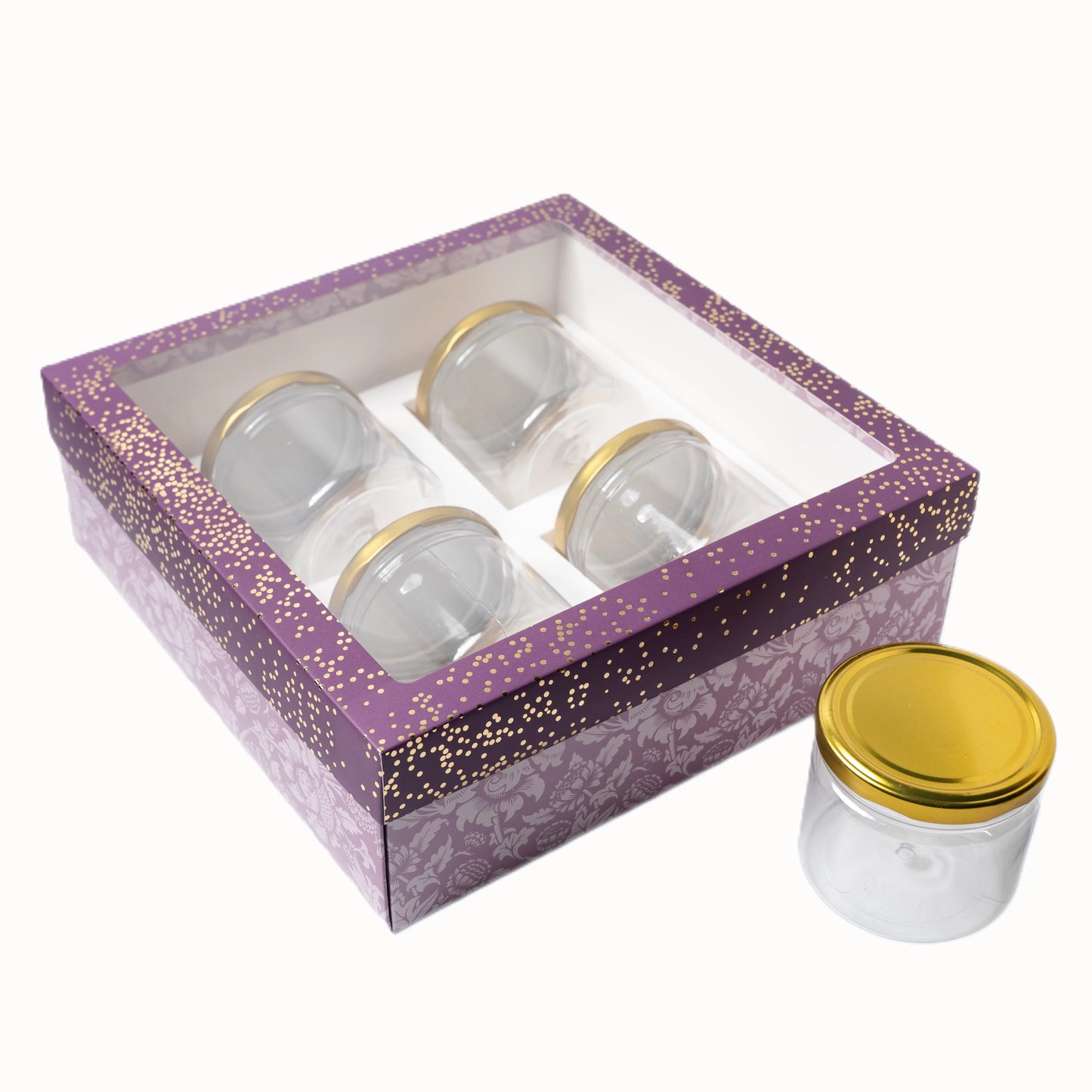 Plum Foil Printed Hamper Box With Window | Luxury 4 Cavity Gift Box for 300ml Jars