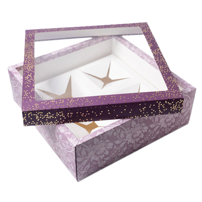 Plum Foil Printed Hamper Box With Window | Luxury 4 Cavity Gift Box for 300ml Jars