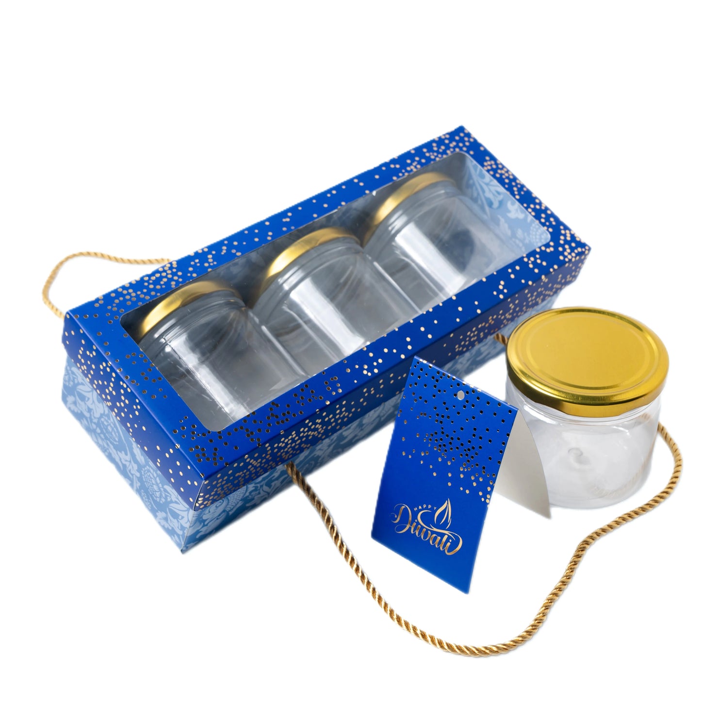 Blue Luxury Foil Printed 3 Jar Gift Carry Box with Rope Handle