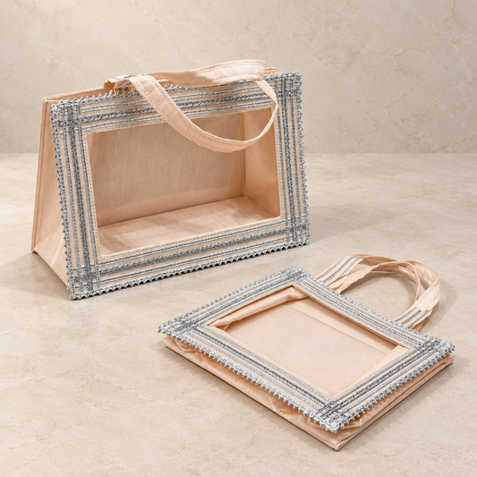 Blush Peach Silver Embroidered Window Collapsible Luxury Hamper Basket