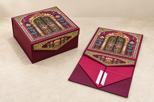 Royal Burgundy Lotus Foil Printed Collapsible Luxury Hamper Box