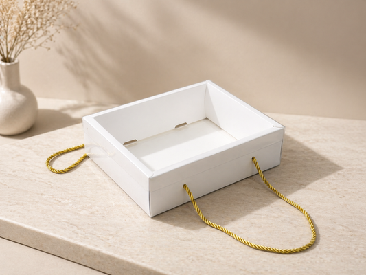 White Clear Lid Hamper Tray Box with Rope Handle – Foldable Gift Packaging