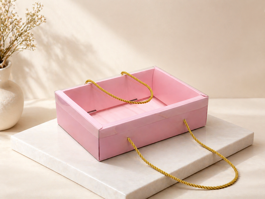 Pink Clear Lid Hamper Tray Box with Rope Handle – Foldable Gift Packaging