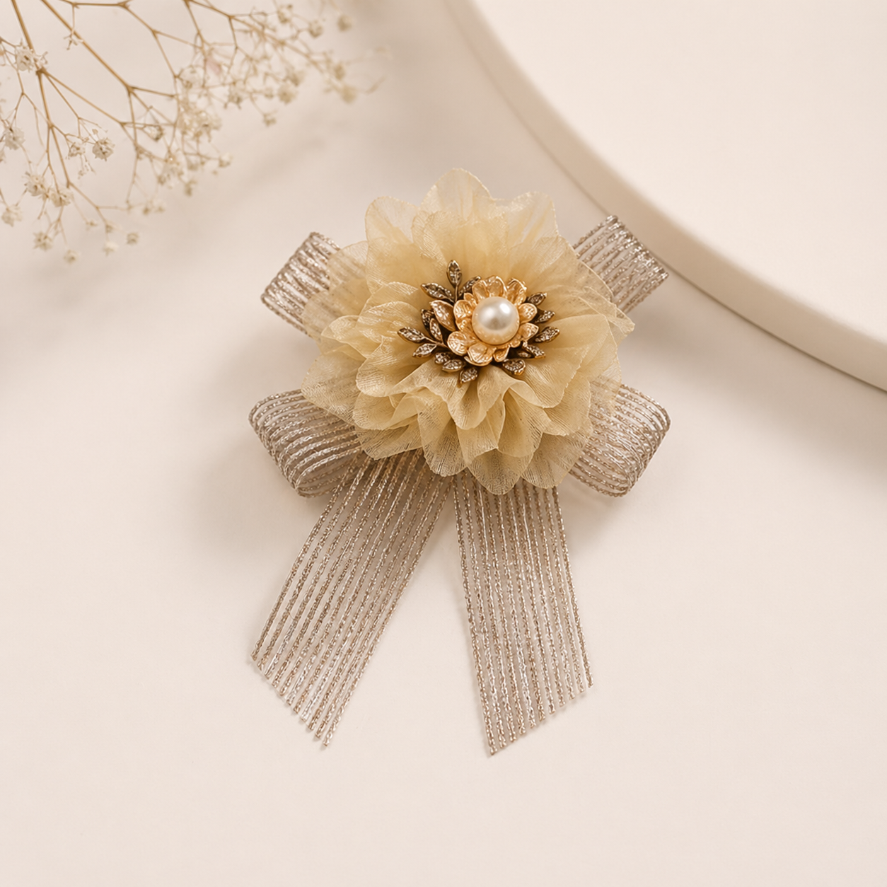 Luxury Floral Brooch with Pearl Center & Metallic Ribbon Bow – Premium Gift Accessory