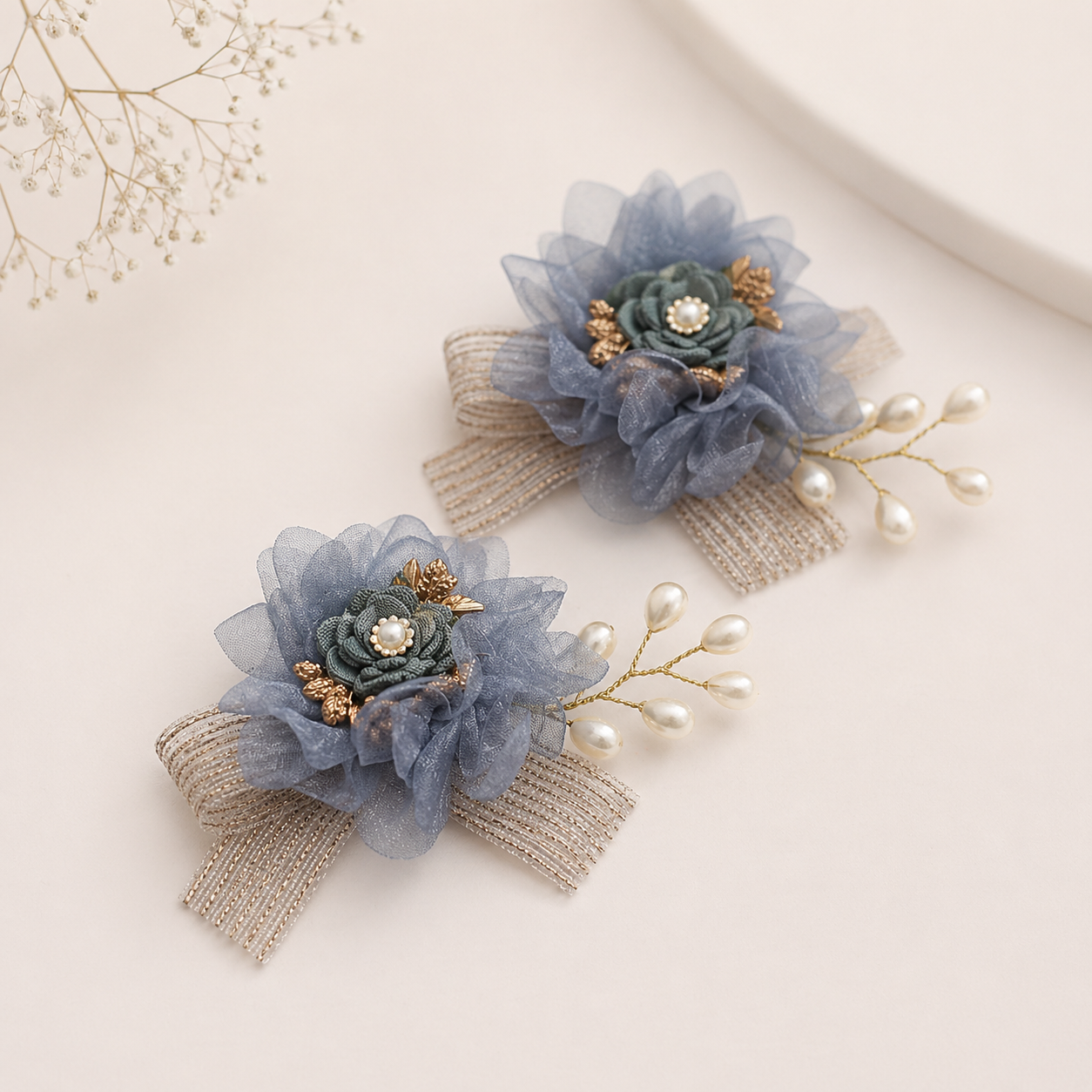 Premium Floral Brooch with Pearl Spray & Metallic Ribbon Bow – Elegant Hamper & Outfit Accessory