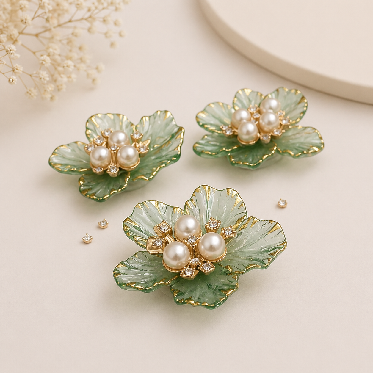 Elegant Green Enamel Floral Brooch with Pearl Cluster – Luxury Hamper & Styling Accessory