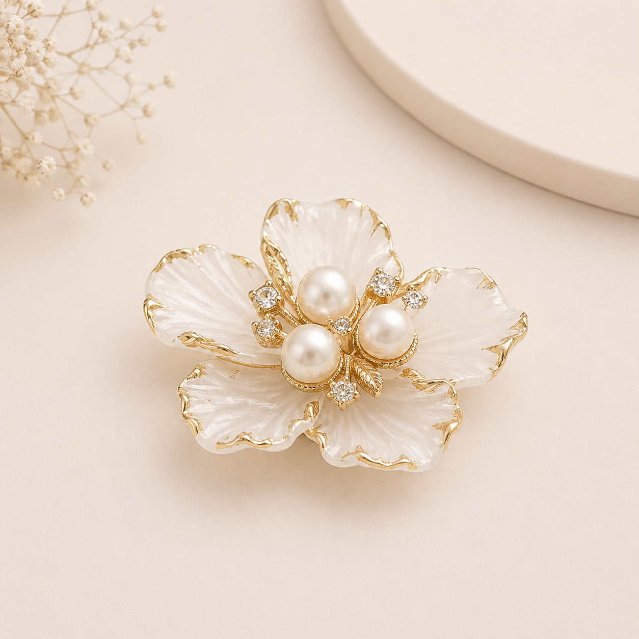 Elegant White Enamel Floral Brooch with Pearl Cluster – Premium Hamper & Styling Accessory