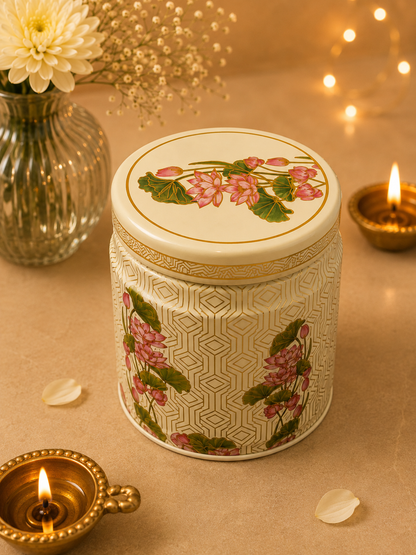 Lotus Print Airtight Vacuum Tin Container 425ml