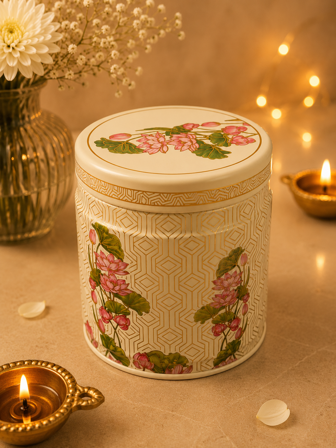 Lotus Print Airtight Vacuum Tin Container 425ml