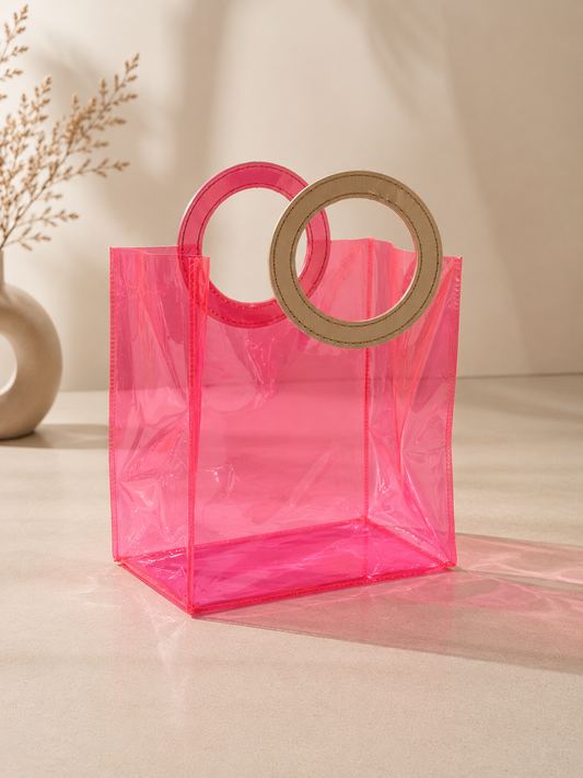 Imported Transparent Pink PVC Gift Hamper Bag with Circular Handle | Premium Gift Bag | 7.5 x 7 x 4 Inches