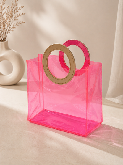 Imported Transparent Pink PVC Gift Hamper Bag with Circular Handle | Premium Gift Bag | 7.5 x 7 x 4 Inches