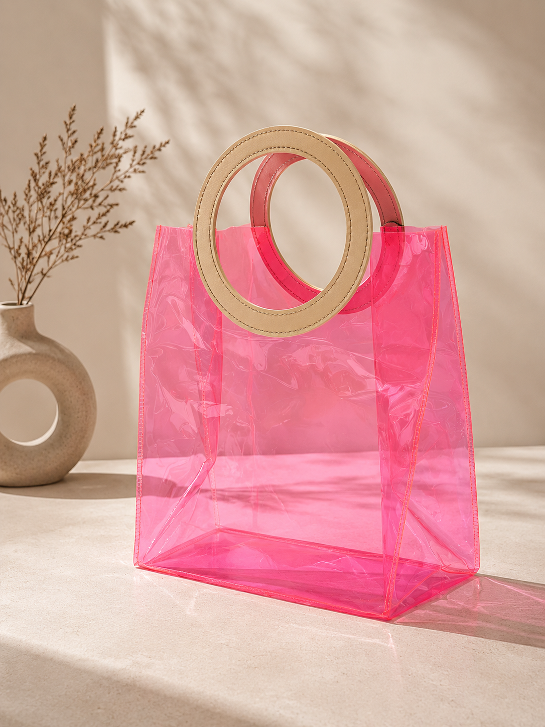 Imported Transparent Pink PVC Gift Hamper Bag with Circular Handle | Premium Gift Bag | 10 x 7.75 x 4.5 Inches