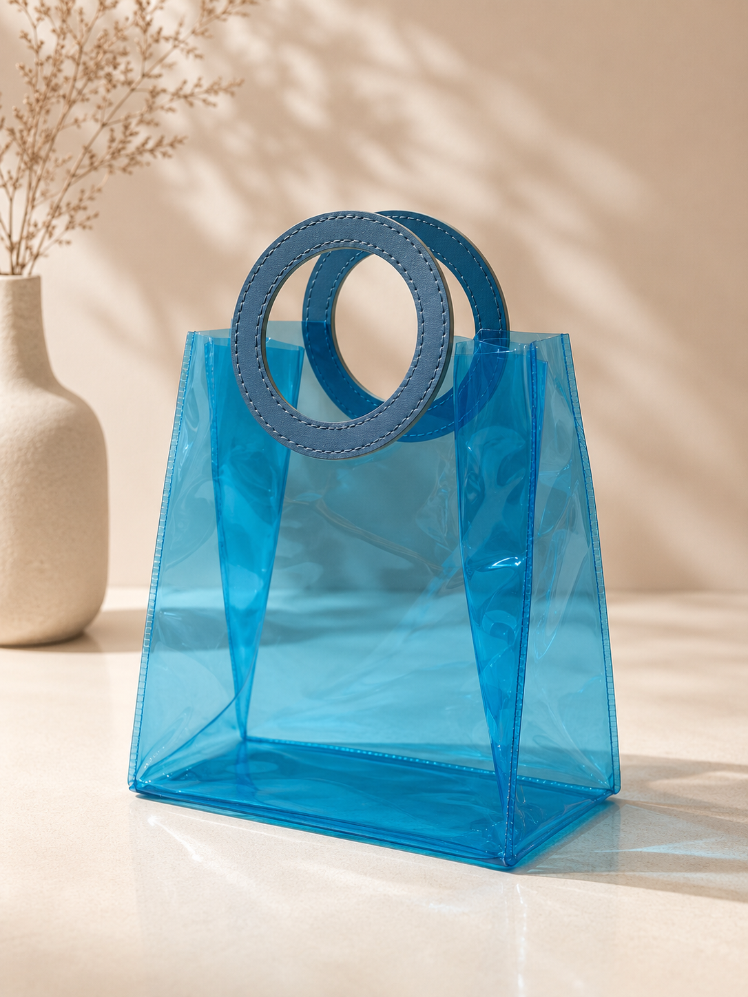 Imported Transparent Blue PVC Gift Hamper Bag with Circular Handle | Premium Gift Bag | 7.5 x 7 x 4 Inches