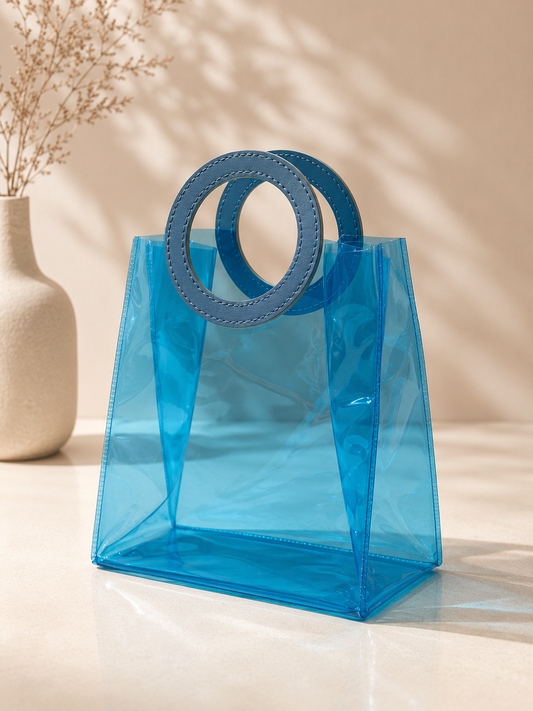 Imported Transparent Blue PVC Gift Hamper Bag with Circular Handle | Premium Gift Bag | 7.5 x 7 x 4 Inches