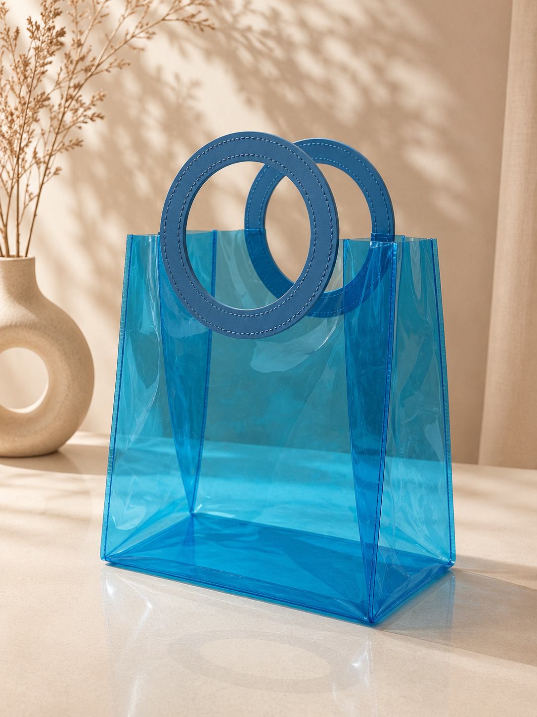 Imported Transparent Blue PVC Gift Hamper Bag with Circular Handle | Premium Gift Bag | 10 x 7.75 x 4.5 Inches