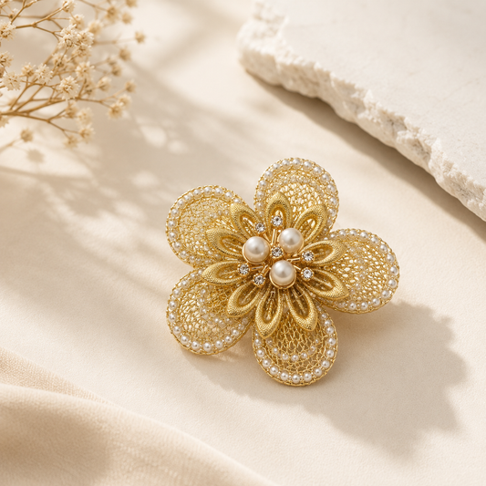 Luxury Pearl Mesh Flower Corsage Brooch | Premium Bouquet & Hamper Decoration | Decorative Floral Embellishment