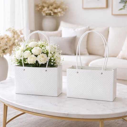 White Premium Textured Design Flower Carry Bag | Leakproof Gift Hamper Bag with Handles