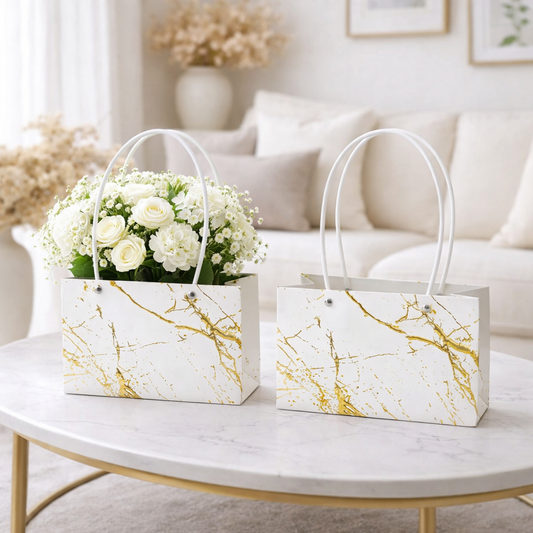 White Premium Marble Design Flower Carry Bag | Leakproof Gift Hamper Bag with Handles