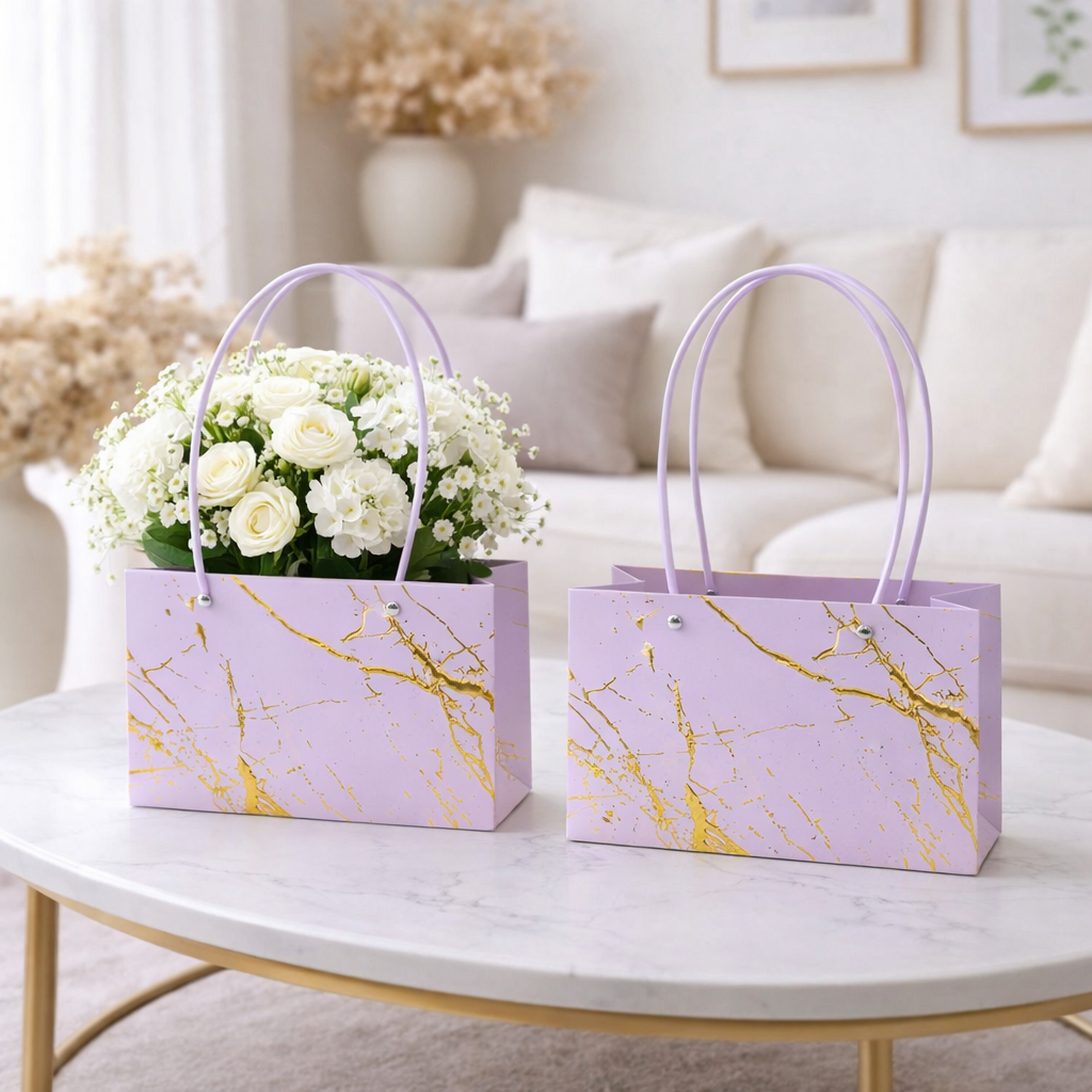 Purple Premium Marble Design Flower Carry Bag | Leakproof Gift Hamper Bag with Handles