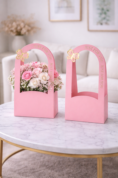 Pink Premium Butterfly Design Flower Carrier Box | Leakproof Bouquet & Gift Packaging