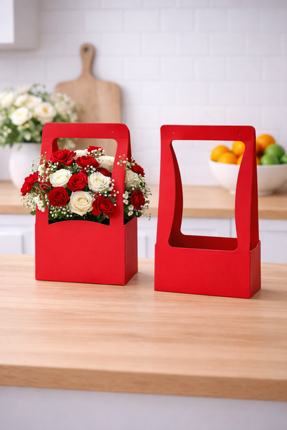 Red Premium Flower Carrier Box with Handle | Leakproof Bouquet & Hamper Packaging