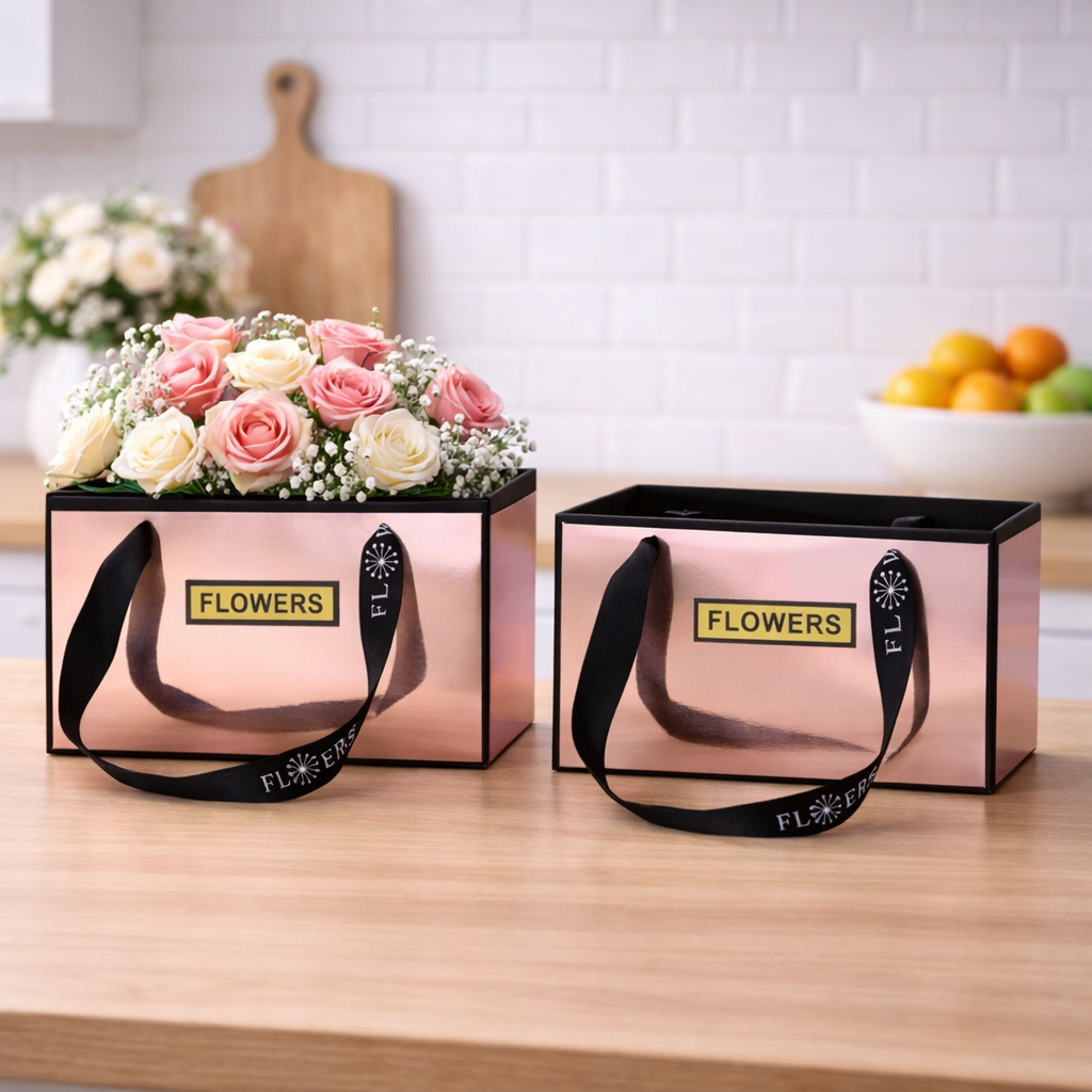 Rose Pink Premium Rectangular Flower Gift Box with Handle  | Elegant Hamper & Floral Packaging