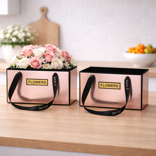 Rose Pink Premium Rectangular Flower Gift Box with Handle  | Elegant Hamper & Floral Packaging