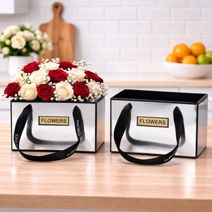 Silver Premium Rectangular Flower Gift Box with Handle  | Elegant Hamper & Floral Packaging