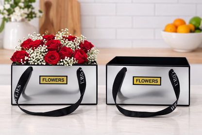 Silver Premium Rectangular Flower Gift Box with Handle  | Elegant Hamper & Floral Packaging