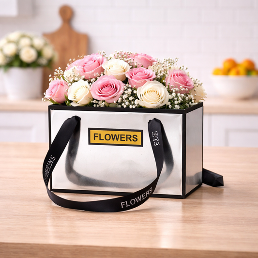Silver Premium Rectangular Flower Gift Box with Handle  | Elegant Hamper & Floral Packaging