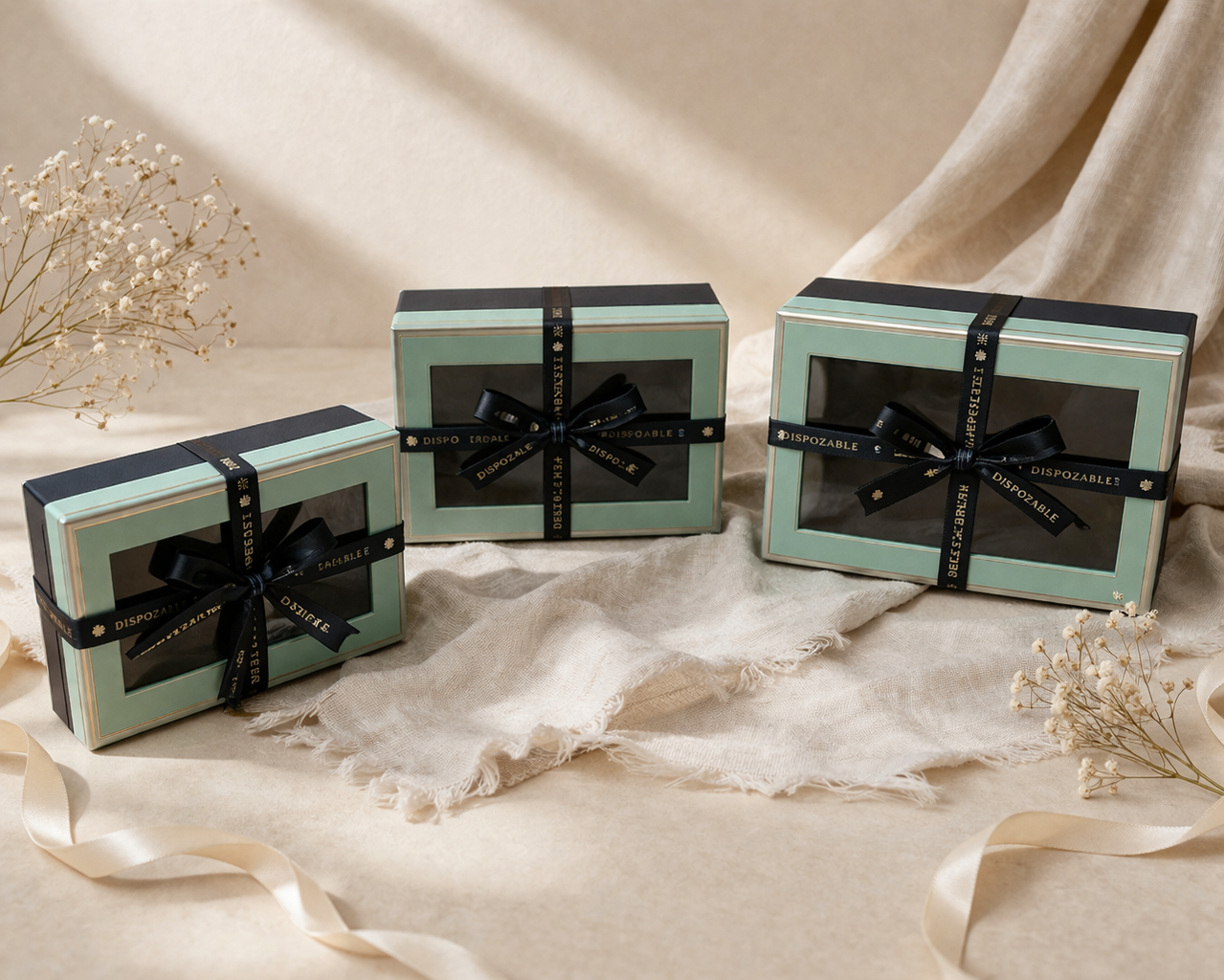 Green & Black Luxury Rectangle Window Gift Boxes Set of 3 – Rectangle Ribbon Hamper Boxes for Gifting & Packaging