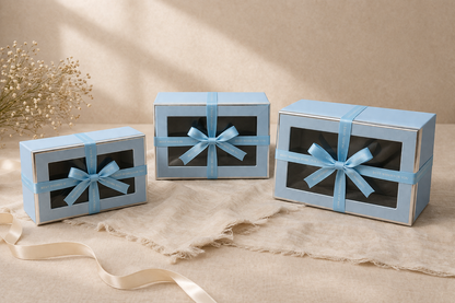 Blue Luxury Rectangle Window Gift Boxes Set of 3 – Rectangle Ribbon Hamper Boxes for Gifting & Packaging