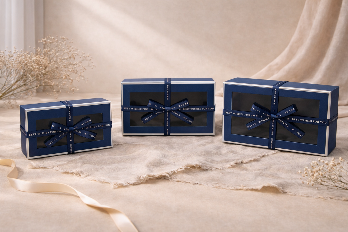 Dark Blue Luxury Rectangle Window Gift Boxes Set of 3 – Rectangle Ribbon Hamper Boxes for Gifting & Packaging
