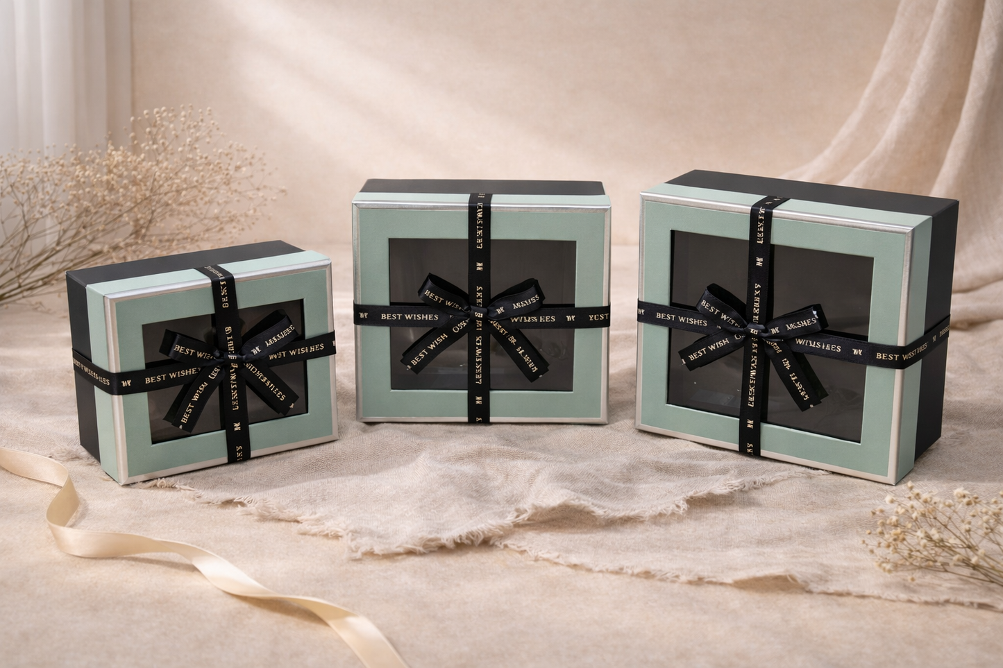 Green & Black Luxury Square Window Gift Boxes Set of 3 – Square Ribbon Hamper Boxes for Gifting & Packaging