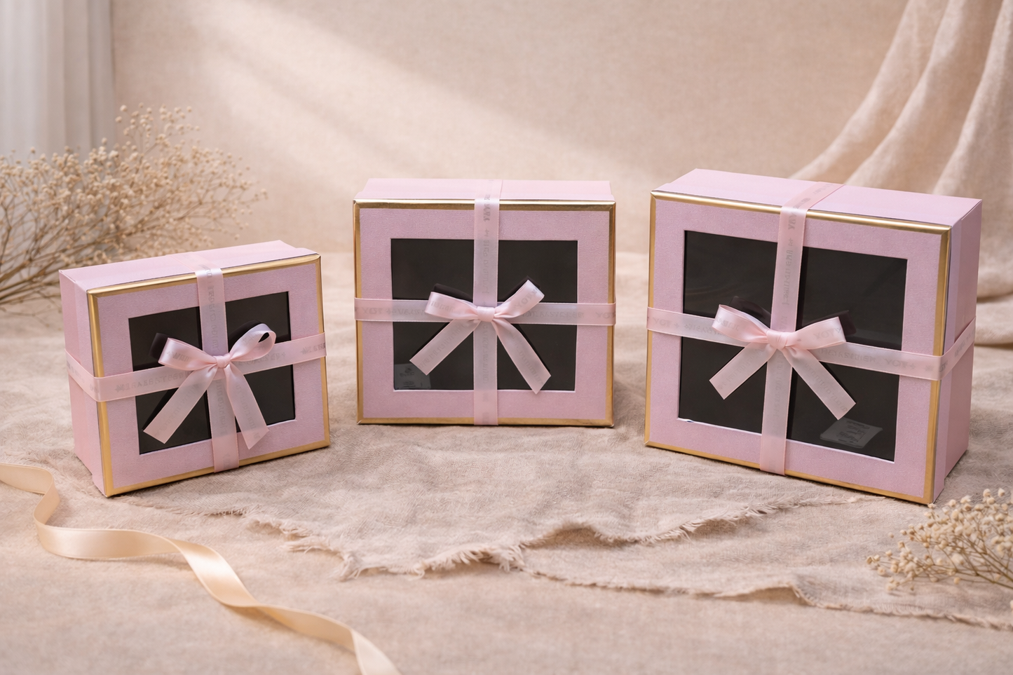 Pink Luxury Square Window Gift Boxes Set of 3 – Square Ribbon Hamper Boxes for Gifting & Packaging