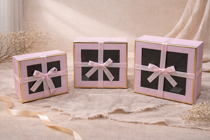 Pink Luxury Square Window Gift Boxes Set of 3 – Square Ribbon Hamper Boxes for Gifting & Packaging