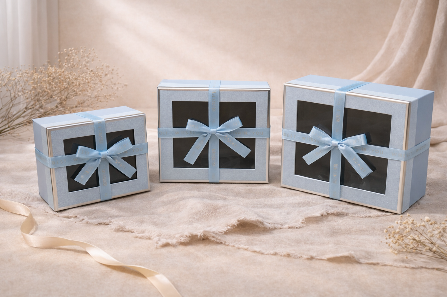 Blue Luxury Square Window Gift Boxes Set of 3 – Square Ribbon Hamper Boxes for Gifting & Packaging