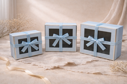 Blue Luxury Square Window Gift Boxes Set of 3 – Square Ribbon Hamper Boxes for Gifting & Packaging