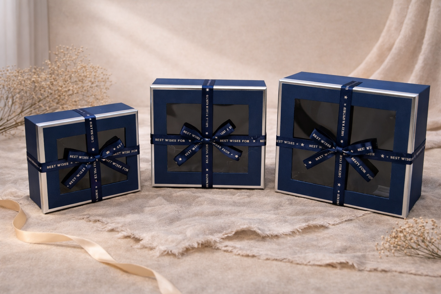 Dark Blue Luxury Square Window Gift Boxes Set of 3 – Square Ribbon Hamper Boxes for Gifting & Packaging