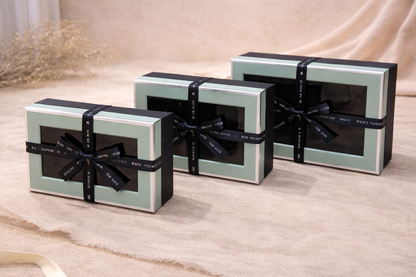 Green & Black Luxury Rectangle Window Gift Boxes Set of 3 – Rectangle Ribbon Hamper Boxes for Gifting & Packaging