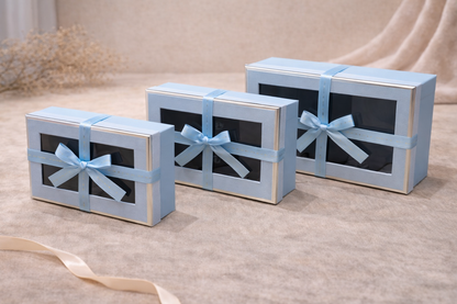Blue Luxury Rectangle Window Gift Boxes Set of 3 – Rectangle Ribbon Hamper Boxes for Gifting & Packaging
