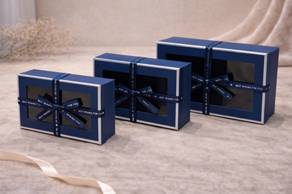 Dark Blue Luxury Rectangle Window Gift Boxes Set of 3 – Rectangle Ribbon Hamper Boxes for Gifting & Packaging