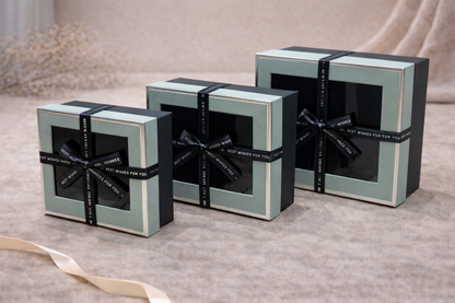 Green & Black Luxury Square Window Gift Boxes Set of 3 – Square Ribbon Hamper Boxes for Gifting & Packaging