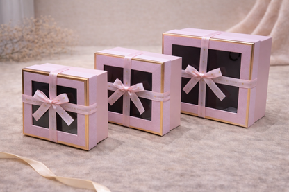 Pink Luxury Square Window Gift Boxes Set of 3 – Square Ribbon Hamper Boxes for Gifting & Packaging