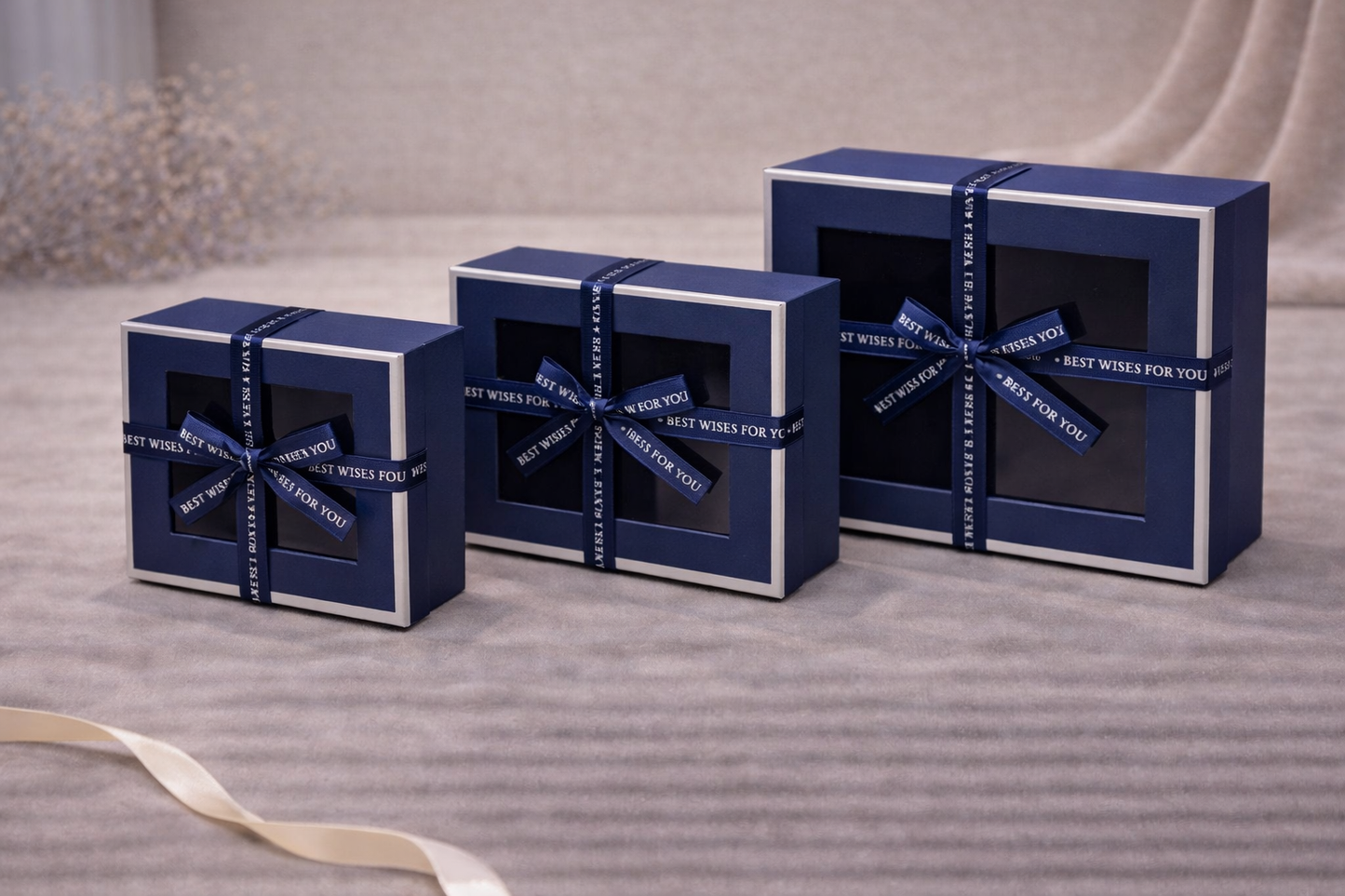 Dark Blue Luxury Square Window Gift Boxes Set of 3 – Square Ribbon Hamper Boxes for Gifting & Packaging